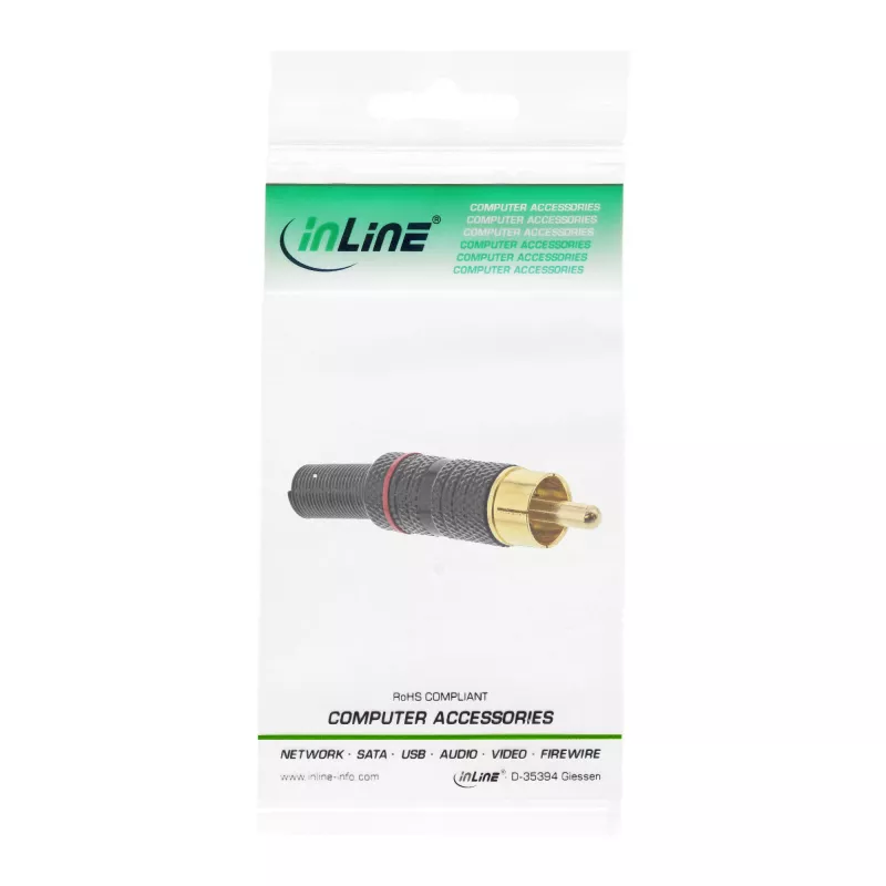 InLine RCA Metall-Stecker zum Löten, schwarz, roter Ring, für 6-mm-Kabel