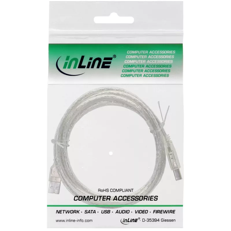 USB 2.0 Kabel Typ A Stecker / B Stecker InLine 34510T 1m transparent