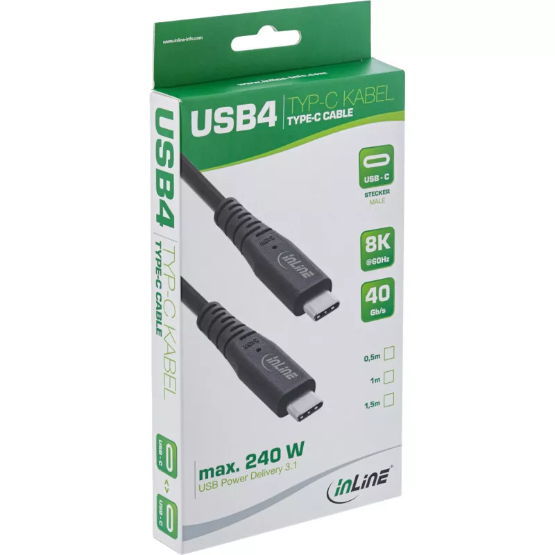 InLine USB4-Kabel, USB-C Stecker/Stecker, PD 240 W, 8K60Hz, TPE schwarz 0,5 m