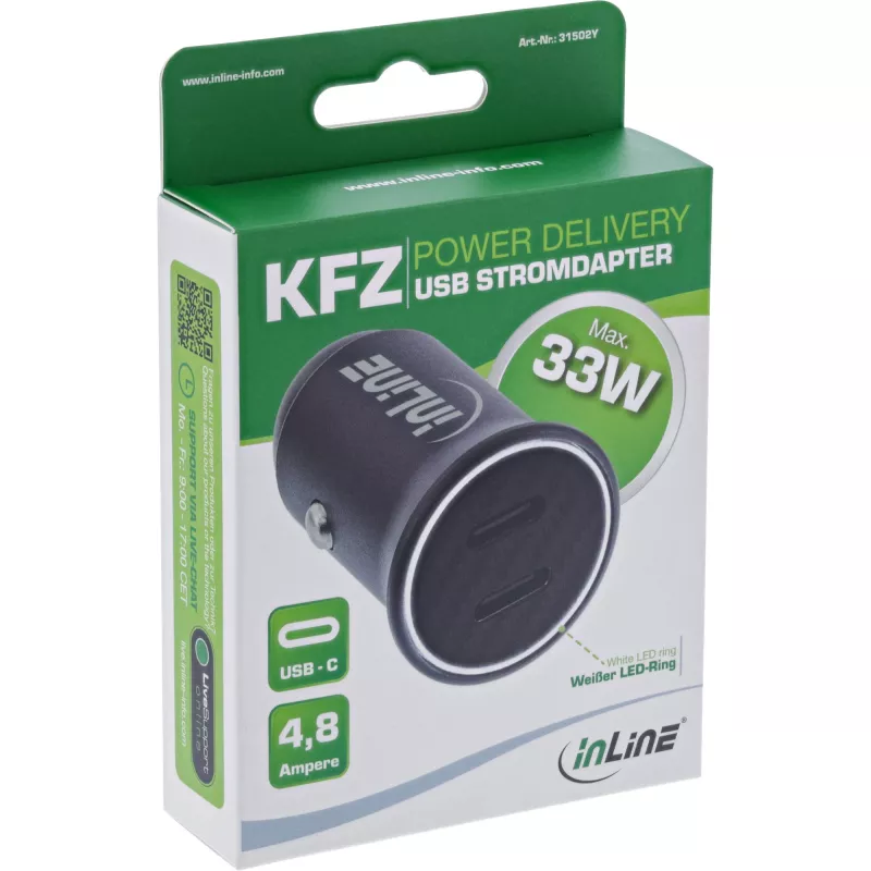 InLine USB Kfz-Ladeadapter Power Delivery, 2x USB-C, schwarz