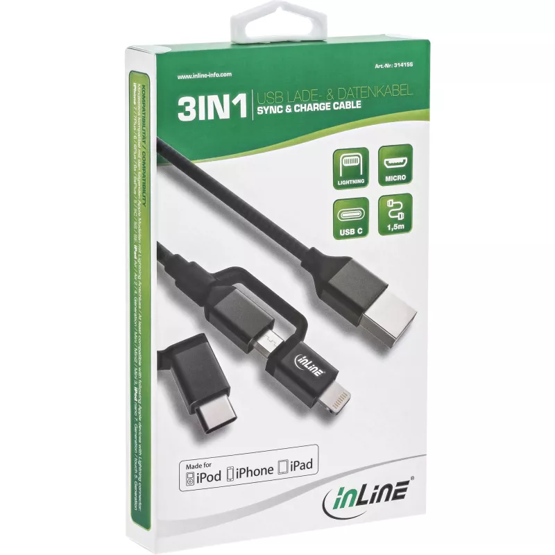 InLine 3-in-1 USB-Kabel, USB-A M auf Micro-USB+USB-C+Lightning, schwarz/Aluminium