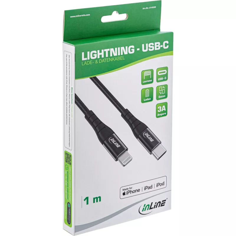InLine USB-C auf Lightning Kabel, für iPad, iPhone, iPod, schwarz/Aluminium, 2 m MFi