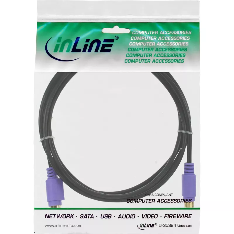 InLine PS/2-Kabel, , M/F, schwarz/lila, vergoldete Kontakte, 2 m