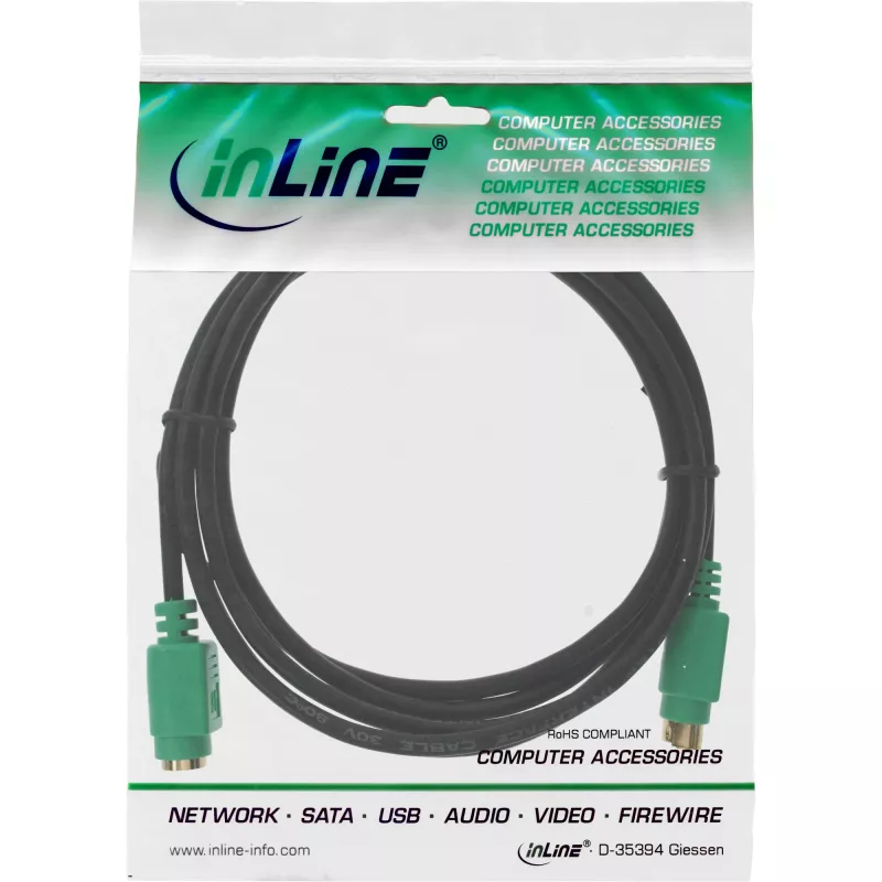 InLine PS/2-Kabel, M/F, schwarz/grün, vergoldete Kontakte, 2m, Schwarz, 2 m, PS/2, PS/2, Stecker, Buchse