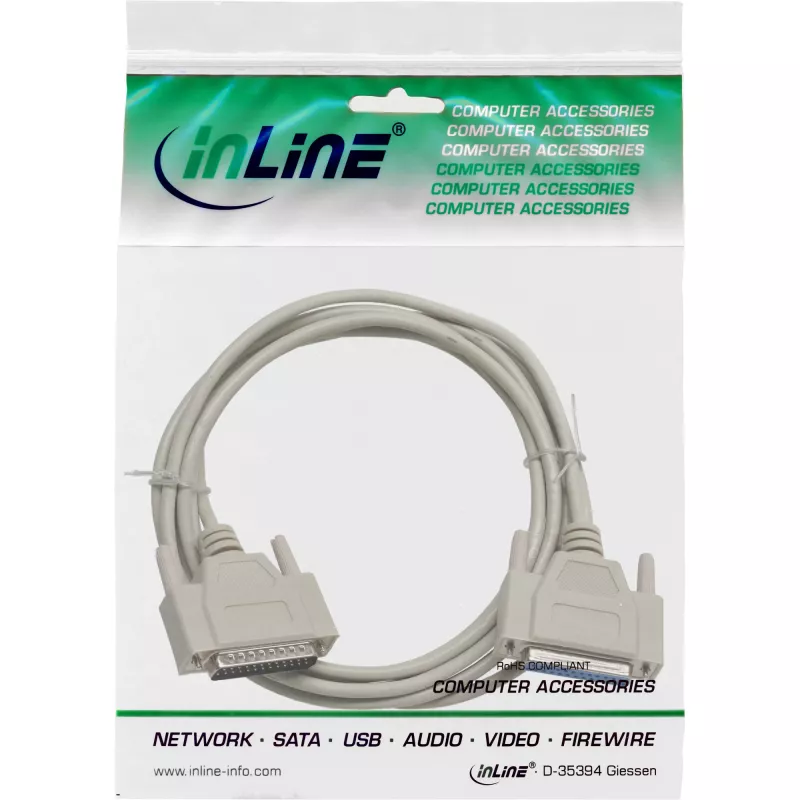 InLine serielles Kabel vergossen DB25 Stecker / Buchse direkt grau 5m