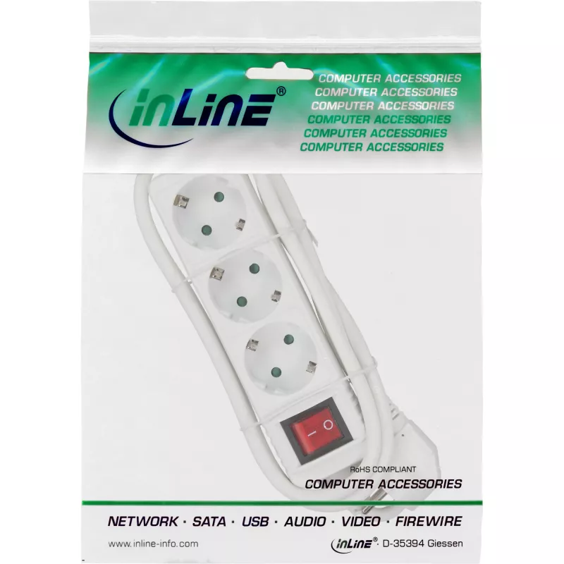 InLine Steckdosenleiste, 3-fach Schutzkontakt CEE 7/3, mit Schalter, weiß, 5 m