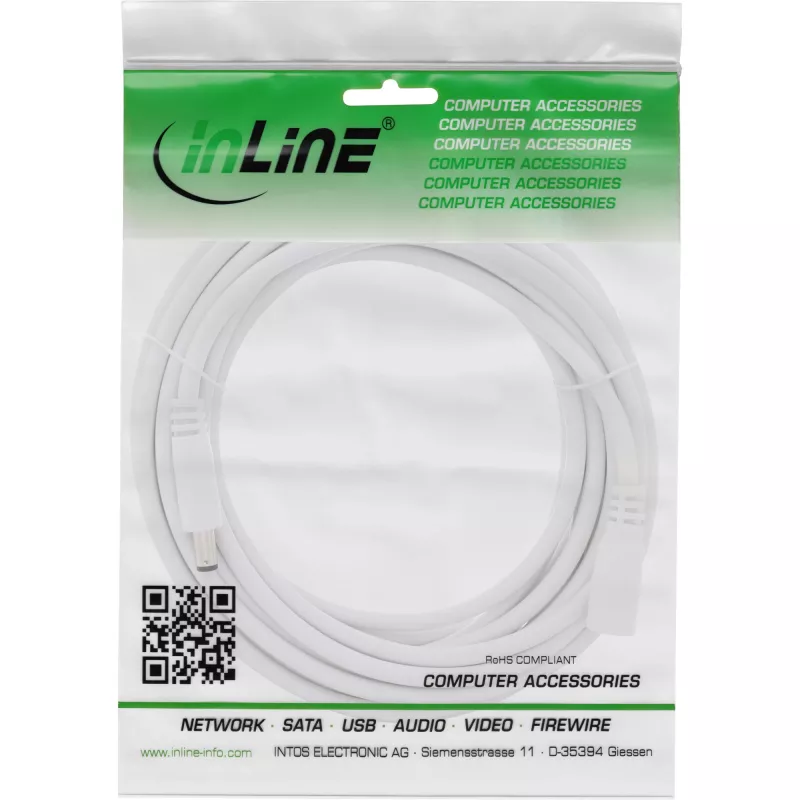 InLine DC-Verlängerungskabel, DC-Stecker/Buchse 5,5x2,5mm, AWG 18, weiß 5m