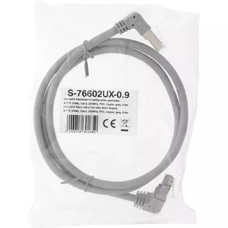 InLine Patchkabel beidseitig abgewinkelt, S/FTP (PiMf), Cat.6, 250 MHz, PVC, Kupfer, grau, 1,1 m