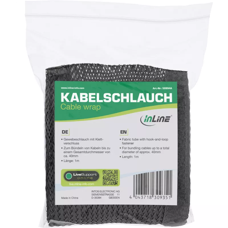 Kabelschlauch InLine Stoffschlauch mit Klettverschluss 1 m × 25 mm, schwarz
