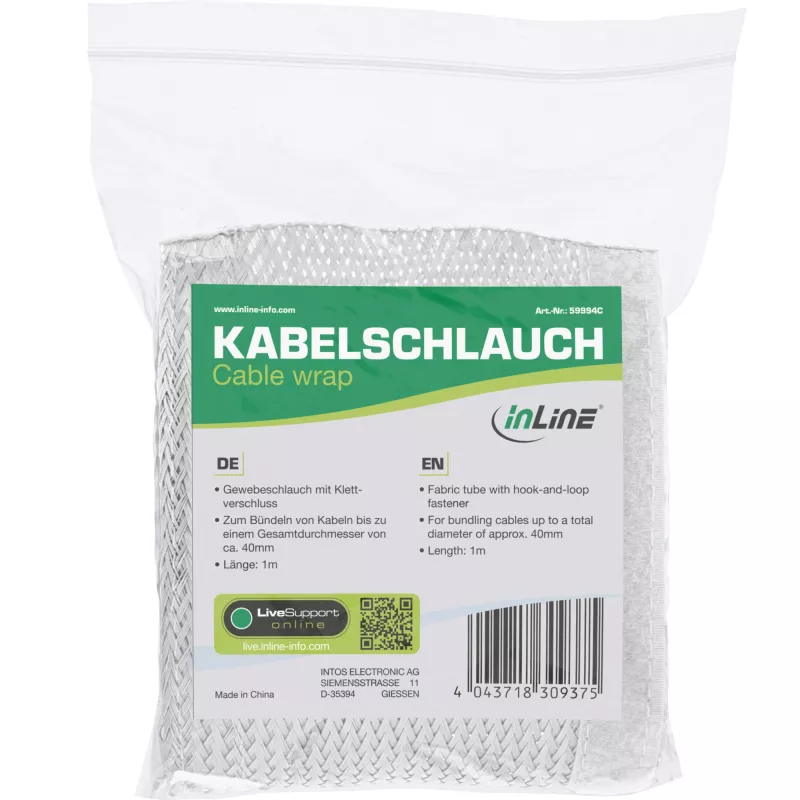 InLine Kabelkanal, Stoffslauch mit Klettverschluss, 1m x 25mm weiß