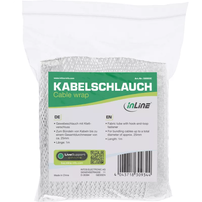 Kabelmantel InLine 1 m × 25 mm, Stoffschlauch mit Klettverschluss, weiß