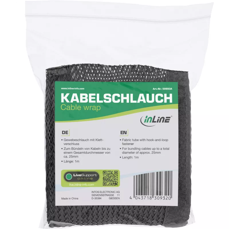 Kabelkanalhülle InLine 59993A — Textilschlauch mit Klettverschluss, 1 m × 25 mm, schwarz