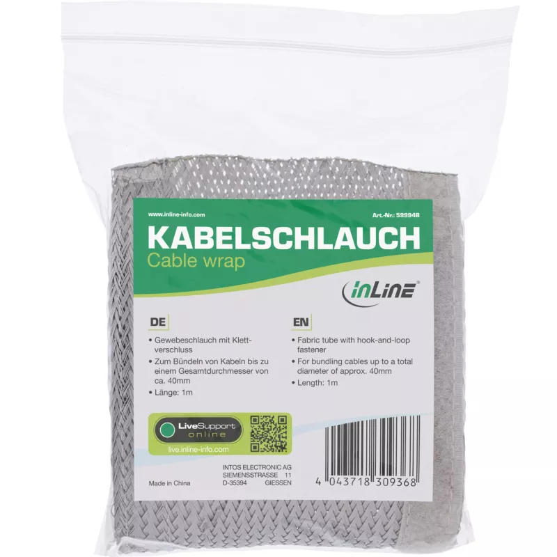 InLine Kabelschlauch, Gewebeschlauch mit Klettverschluss, 1m x 25mm grau