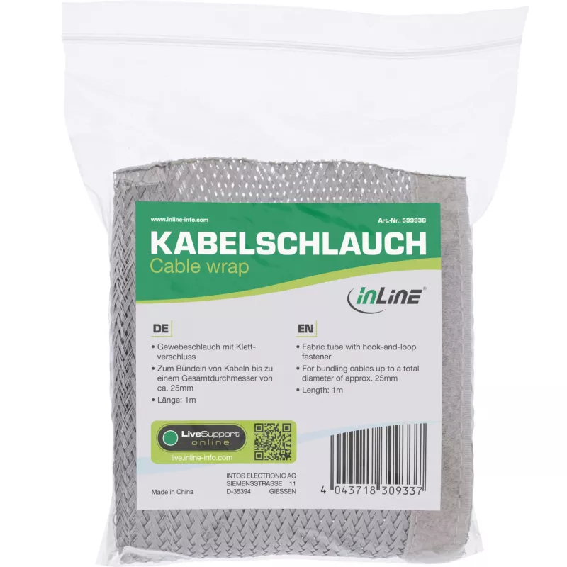 InLine Kabelkanal, Textilschlauch mit Klettverschluss, 1 m x 25 mm grau