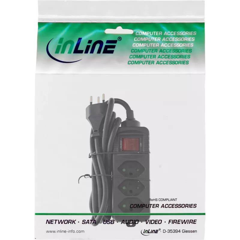 InLine Steckdosenleiste SCHWEIZ, 3-fach, mit Schalter, 1,5 m, schwarz