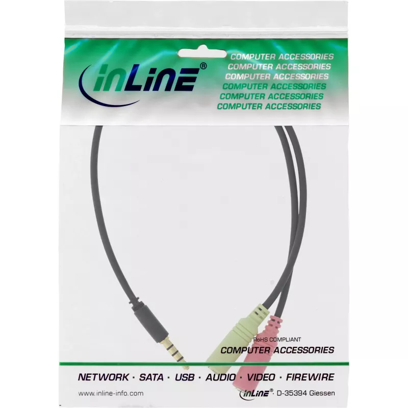 InLine Audio Headset-Adapterkabel 3,5 mm Stecker 4-polig / 2x 3,5 mm, schwarz, 1 m