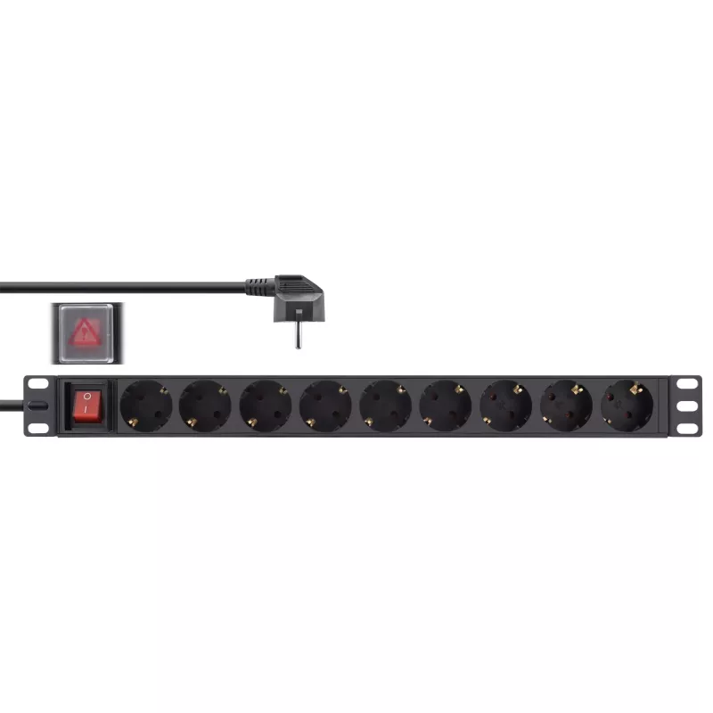 InLine 19 Zoll Steckdosenleiste, 9-fach Schutzkontakt, mit Schalter, 2m, schwarz