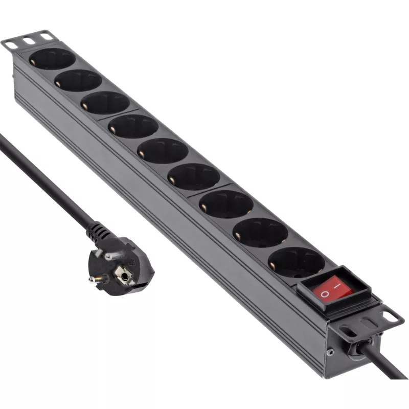 InLine 19 Zoll Steckdosenleiste, 9-fach Schutzkontakt, mit Schalter, 2m, schwarz
