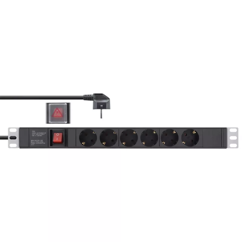 InLine 19-Zoll-Steckdosenleiste, 6-fach Schutzkontakt, mit Schalter, 2 m, schwarz