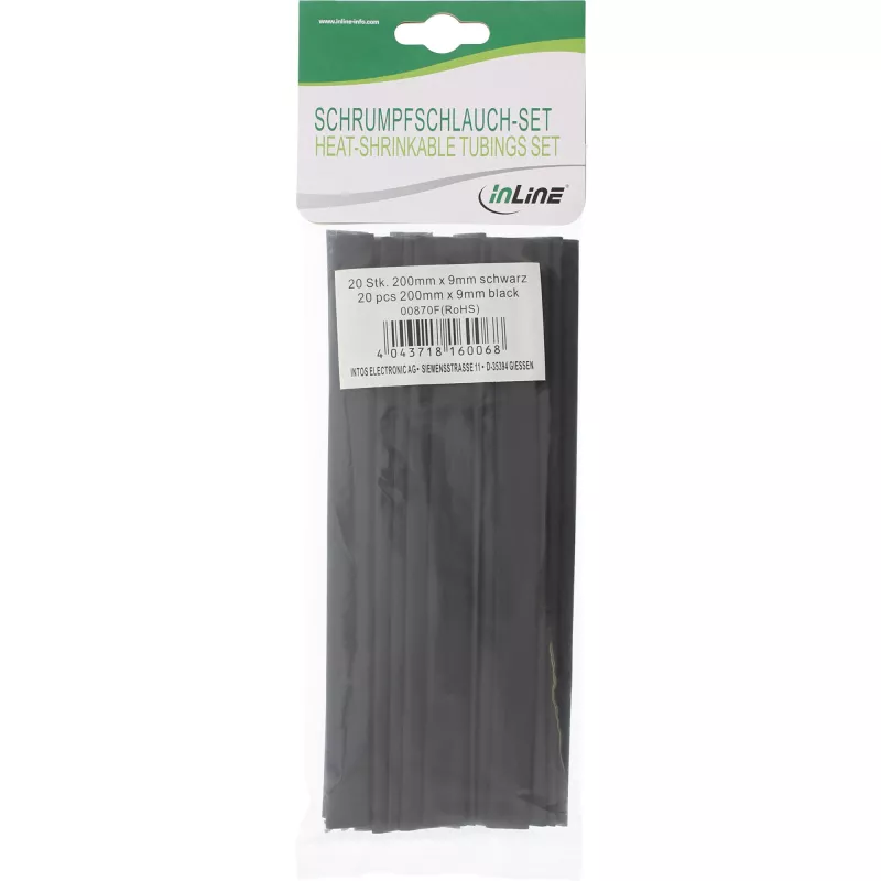 Schrumpfschlauch-Set InLine 200 mm Länge, Durchmesser 9 mm → 4,5 mm, 20 Stück, schwarz