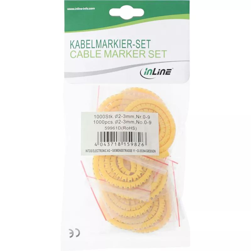 Kabelmarkierungshülsen InLine 2–3 mm, numerisch 0–9, 1000 Stück, gelb