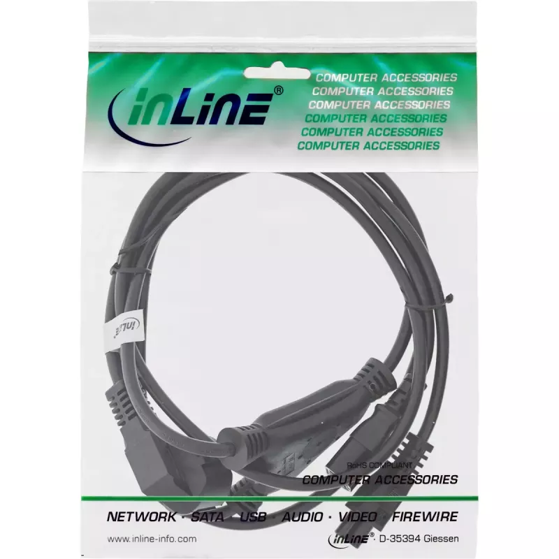 InLine Y-Stromkabel CEE 7/7 Stecker gewinkelt / 3-polig IEC C13 und C5 Stecker, 2 m