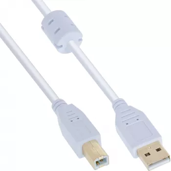 InLine USB 2.0 Kabel Typ A Stecker / B Stecker, vergoldet, mit Ferritkern, weiß, 10 m