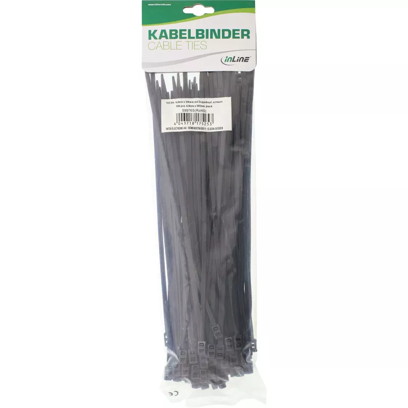 InLine montierbare Doppelkopf-Kabelbinder 300 mm x 4,8 mm, Nylon, schwarz, 100 Stück