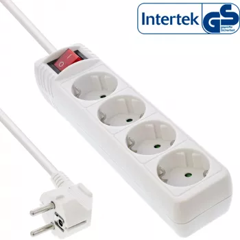 InLine Steckdosenleiste, 4-fach Schutzkontakt CEE 7/3, mit Schalter, weiß, 1,5 m