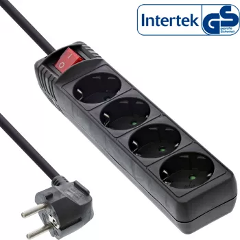 InLine Steckdosenleiste, 4-fach Schutzkontakt CEE 7/3, mit Schalter, schwarz, 1,5 m