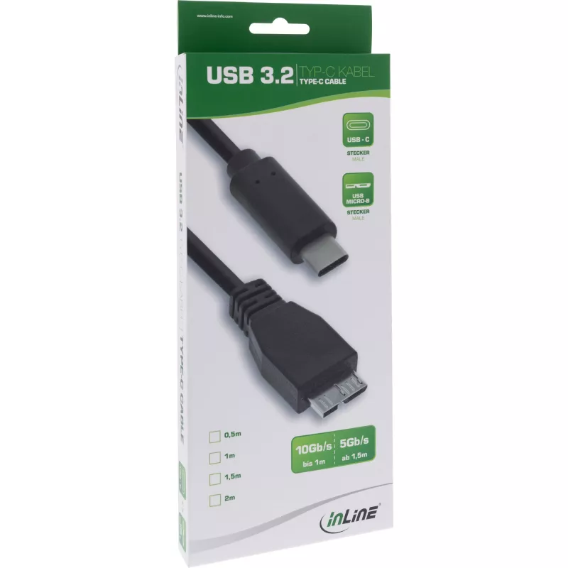InLine USB 3.2 Gen.1x2 Kabel, USB-C Stecker / Micro-B Stecker, schwarz, 1,5m