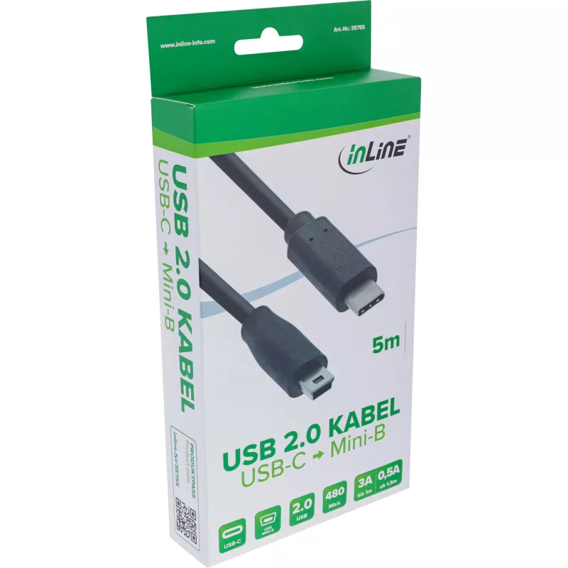 InLine USB 2.0 Kabel, USB-C Stecker / Mini-B Stecker (5pin), schwarz, 5m