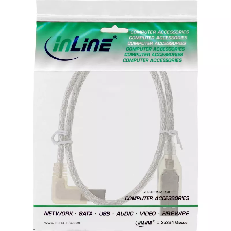InLine USB 2.0 Kabel links abgewinkelt Typ A Stecker / B Stecker transparent 2m
