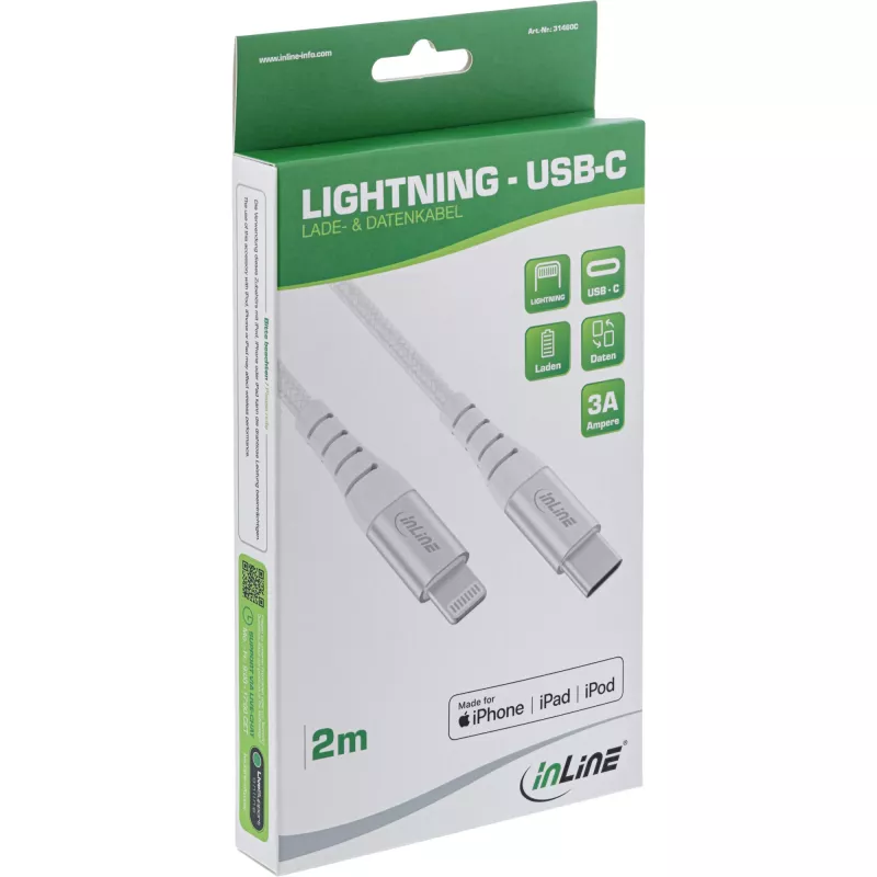 InLine USB-C Lightning Kabel, für iPad, iPhone, iPod, Silber/Aluminium, 2 m