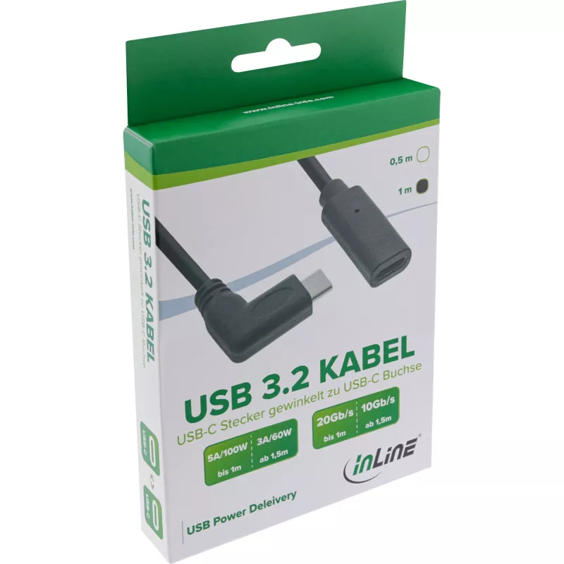 InLine USB 3.2 Gen.1x2 Kabel, USB-C Stecker gewinkelt / Buchse, schwarz, 0,5 m