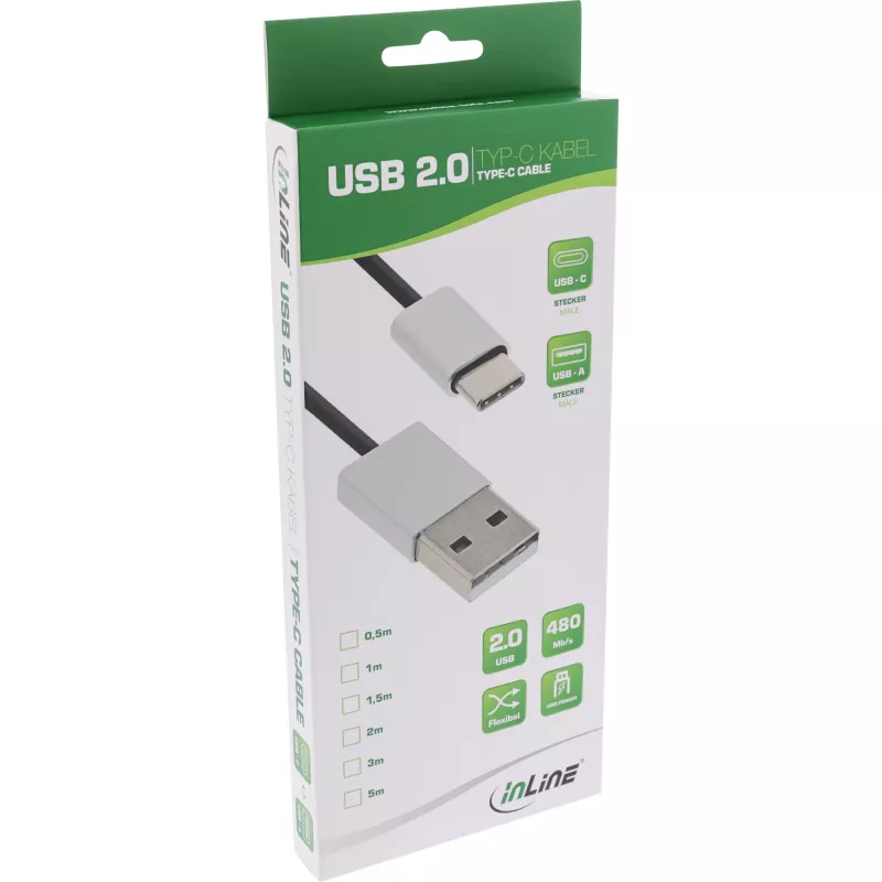 InLine USB 2.0 Kabel, USB-C Stecker / USB-A Stecker, schwarz/alu, flexibel, 1,5m
