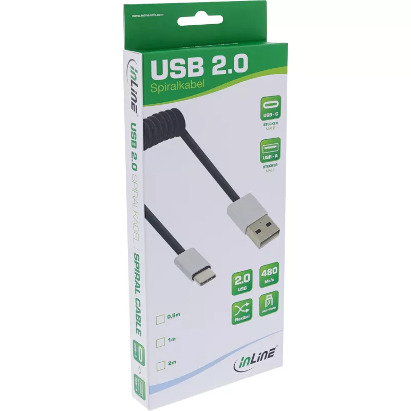 InLine USB 2.0 Spiralkabel, USB-C Stecker / USB-A Stecker, schwarz/alu, flexibel, 0,5 m