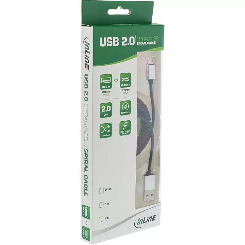 InLine Micro-USB 2.0 Spiralkabel, Typ A/Micro-B M/M, schwarz/Alu, flexibel 3 m