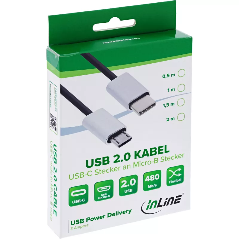InLine USB 2.0 Kabel, USB-C Stecker / Micro-B Stecker, schwarz/alu, flexibel, 0,5m