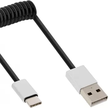 InLine USB 2.0 Spiralkabel, USB-C Stecker / USB-A Stecker, schwarz/alu, flexibel, 2m