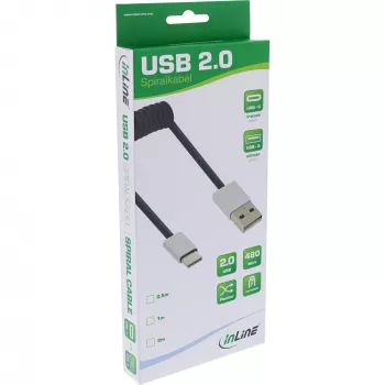 InLine USB 2.0 Spiralkabel, USB-C Stecker / USB-A Stecker, schwarz/alu, flexibel, 2m