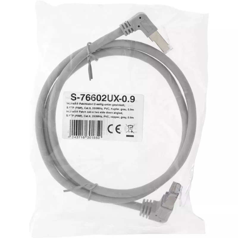 Netzwerkkabel InLine® S-76602U-0.9 abgewinkelter Stecker Cat.6 0,9m grau