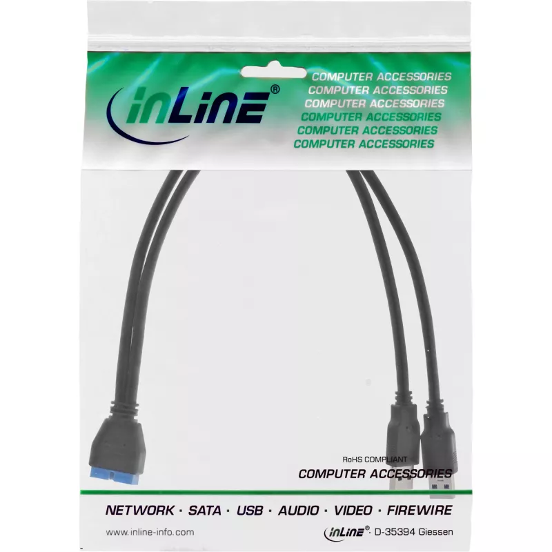 InLine USB 3.0 Premium Adapterkabel 2x USB-A Stecker / Mainboard-Header, 0,40 m