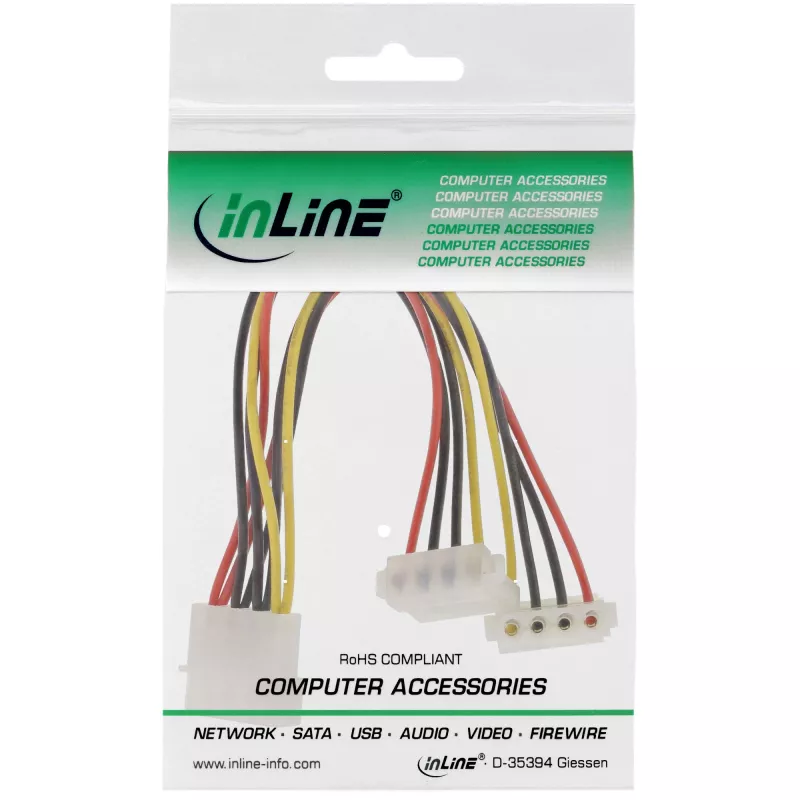 InLine Internes Strom-Y-Kabel 1x 4pol Molex / 2x 4pol Molex abgewinkelt 0,15 m