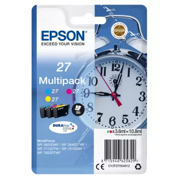 Epson Alarm clock Multipack 3-farbig 27 DURABrite Ultra Tinte, Cyan, Magenta, Gelb, Pigmentierte Tinte, 3,6 ml, 1 Stk., 300 Seiten, Multipack