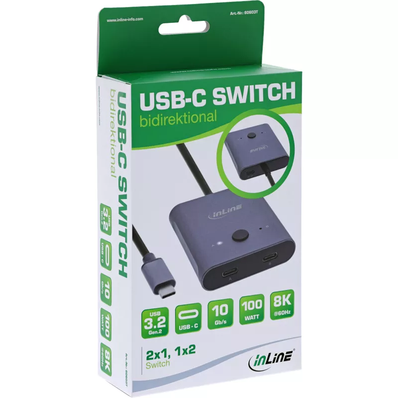 InLine USB-C-Umschalter, bidirektionaler Schalter, 10 Gb/s, 100 W