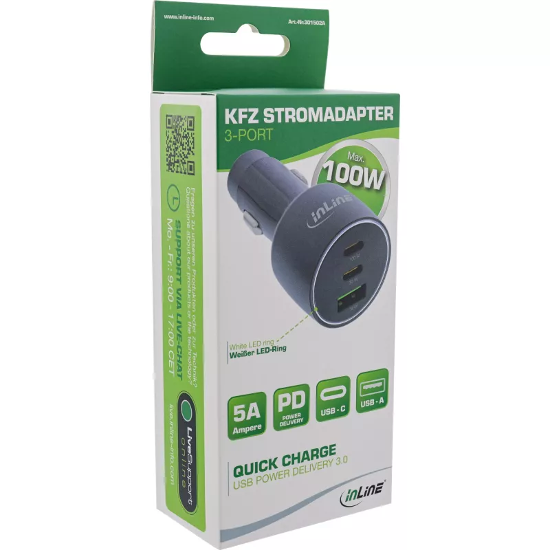 InLine USB-Kfz-Ladegerät Power Delivery, 2x USB-C + QC USB-A, schwarz