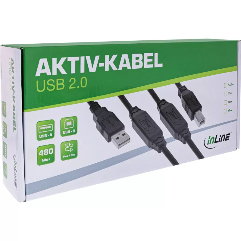 InLine USB 2.0 aktives Kabel, USB-A Stecker auf USB-B Stecker, 12,5 m