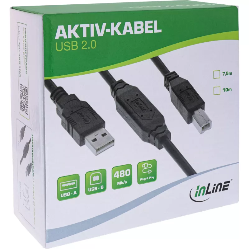 InLine USB 2.0 aktives Kabel, USB-A Stecker auf USB-B Stecker, 7,5m