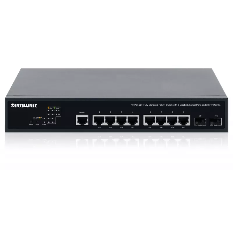 Intellinet 10-Port L2+ Fully Managed PoE++ Switch mit 8 Gigabit Ethernet Ports und 2 SFP Uplinks